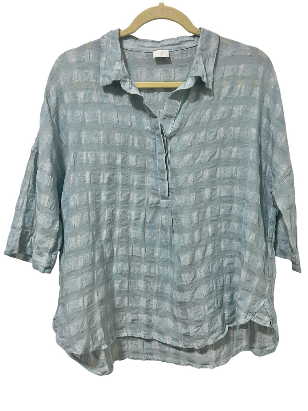 Poetry Crinkle Check Linen Blend Popover Blouse 10 Blue